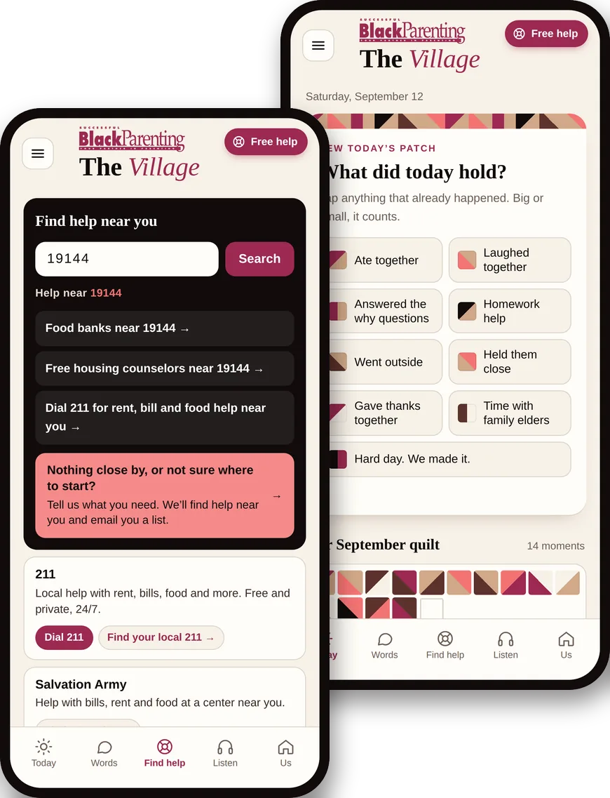 The Village app on two phones, showing free help by ZIP code and a family quilt