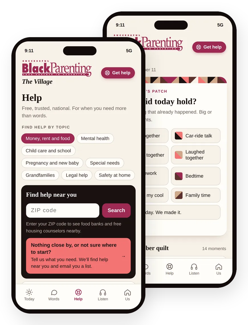 The Village app on two phones, showing free help by ZIP code and a family quilt