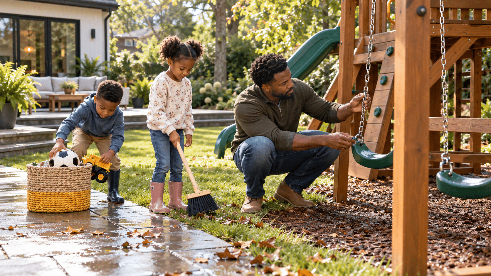 Black father checks a backyard swing set while children clean outdoor play areas, supporting outdoor play area safety and family-friendly outdoor spaces.