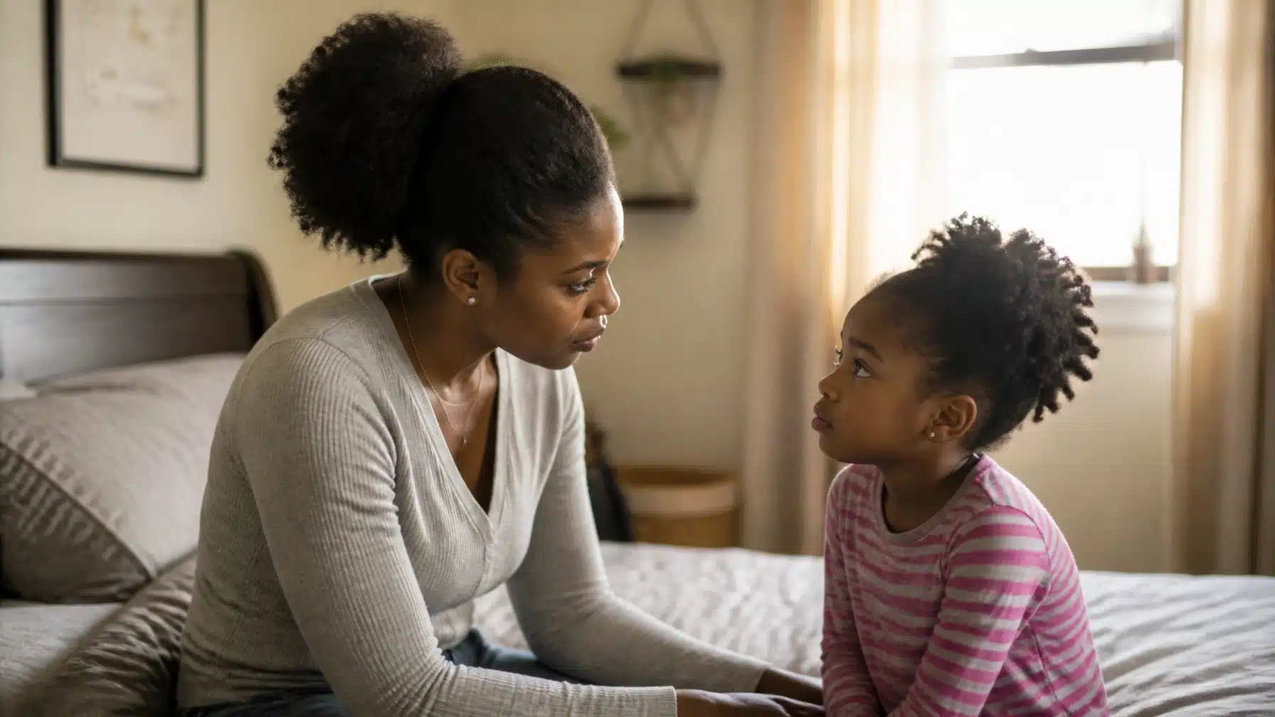 A mother sits on a bed and talks with her young daughter in a sunny bedroom.
