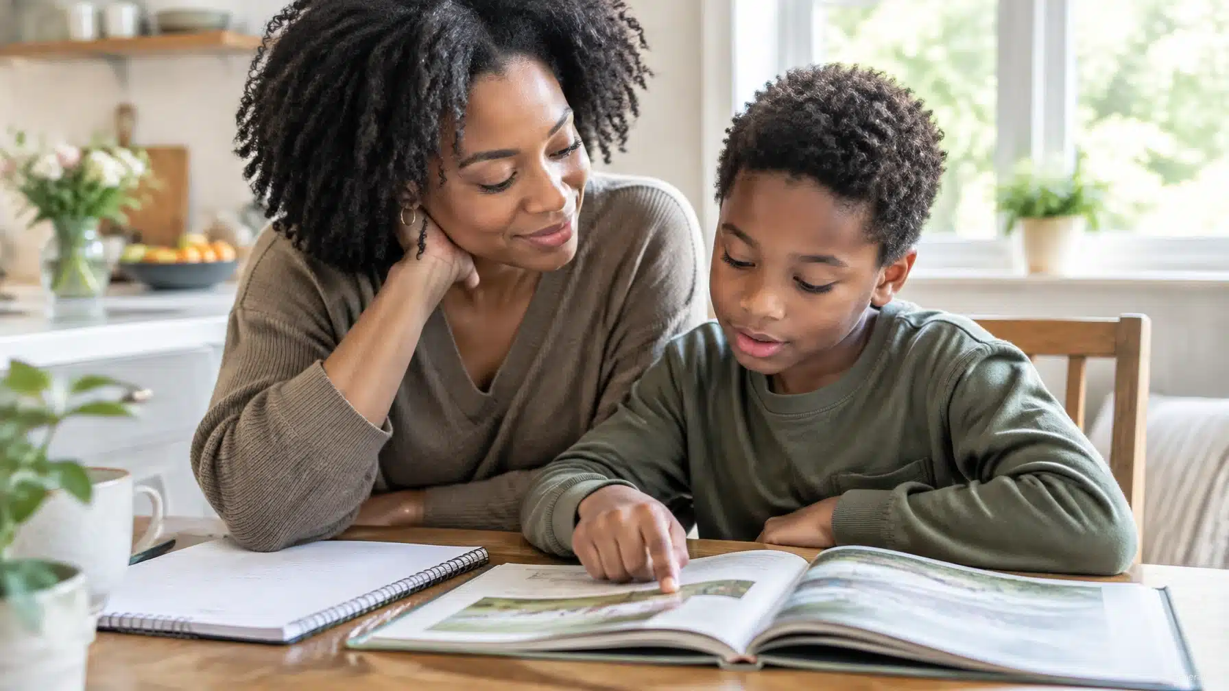 A mother smiles as her son reads aloud from a book at the kitchen table.