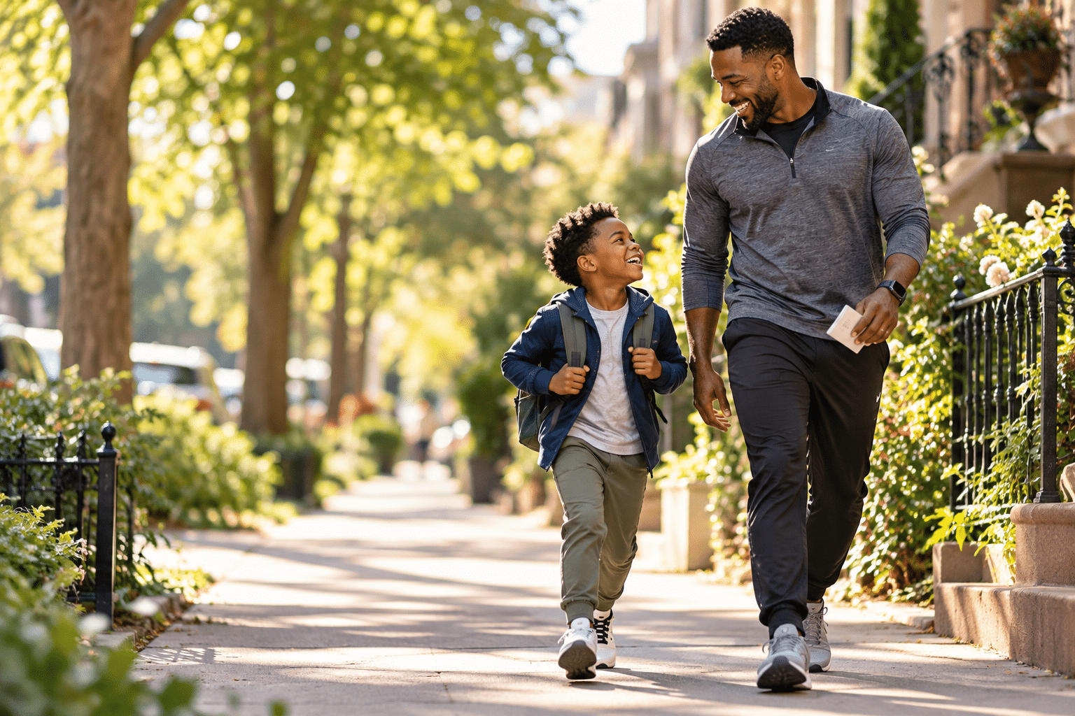 Black father walks with his school-age son after a father health checkup, showing why dads health and men’s preventive care matter.