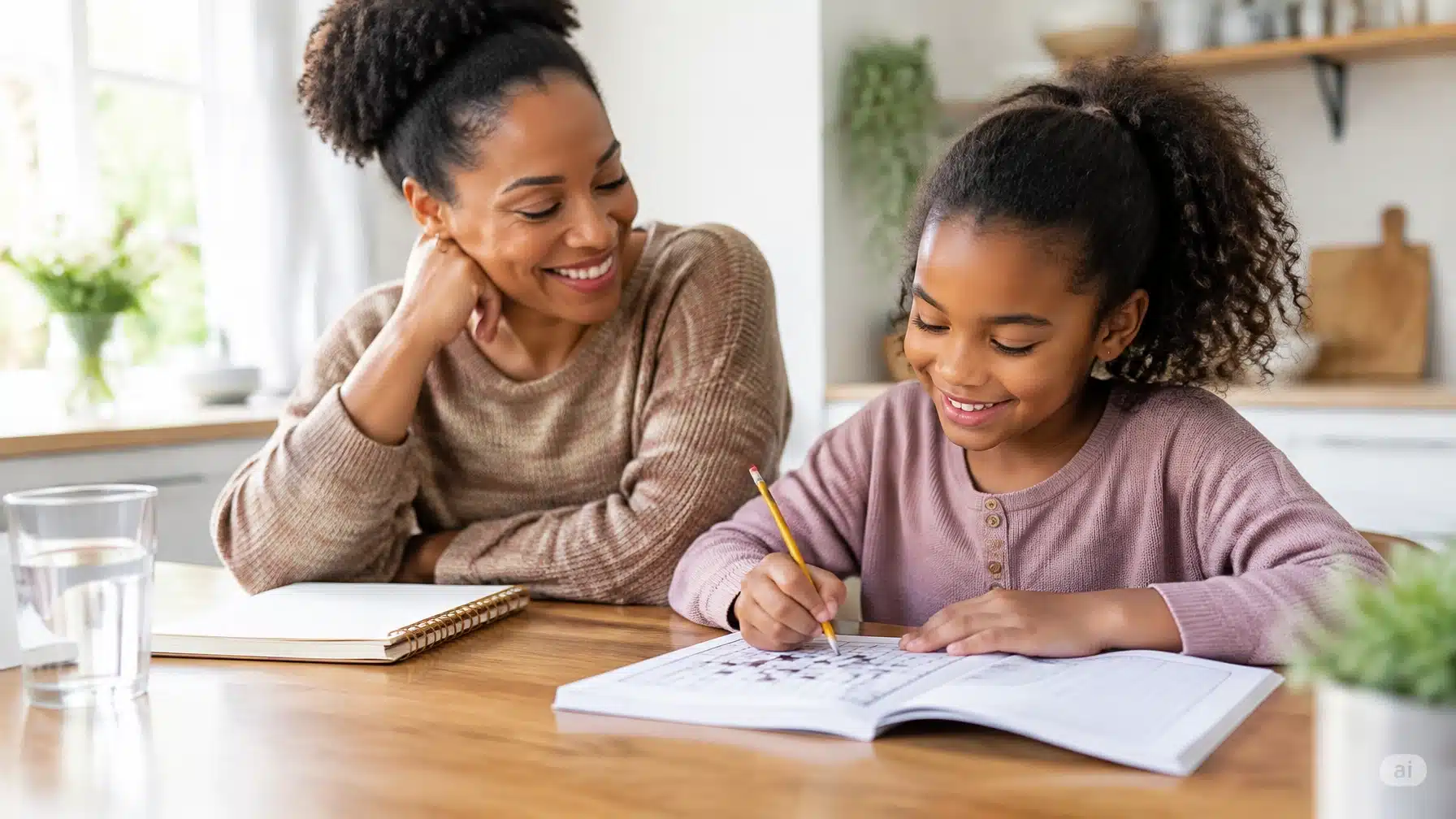 A smiling mother watches her daughter work in a puzzle book at the kitchen table.