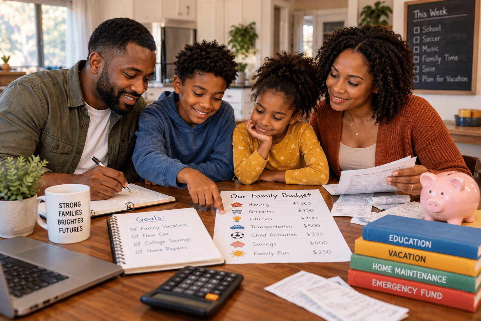 Black family practicing family budget planning at their kitchen table, reviewing household expenses and savings goals while teaching their child about money.
