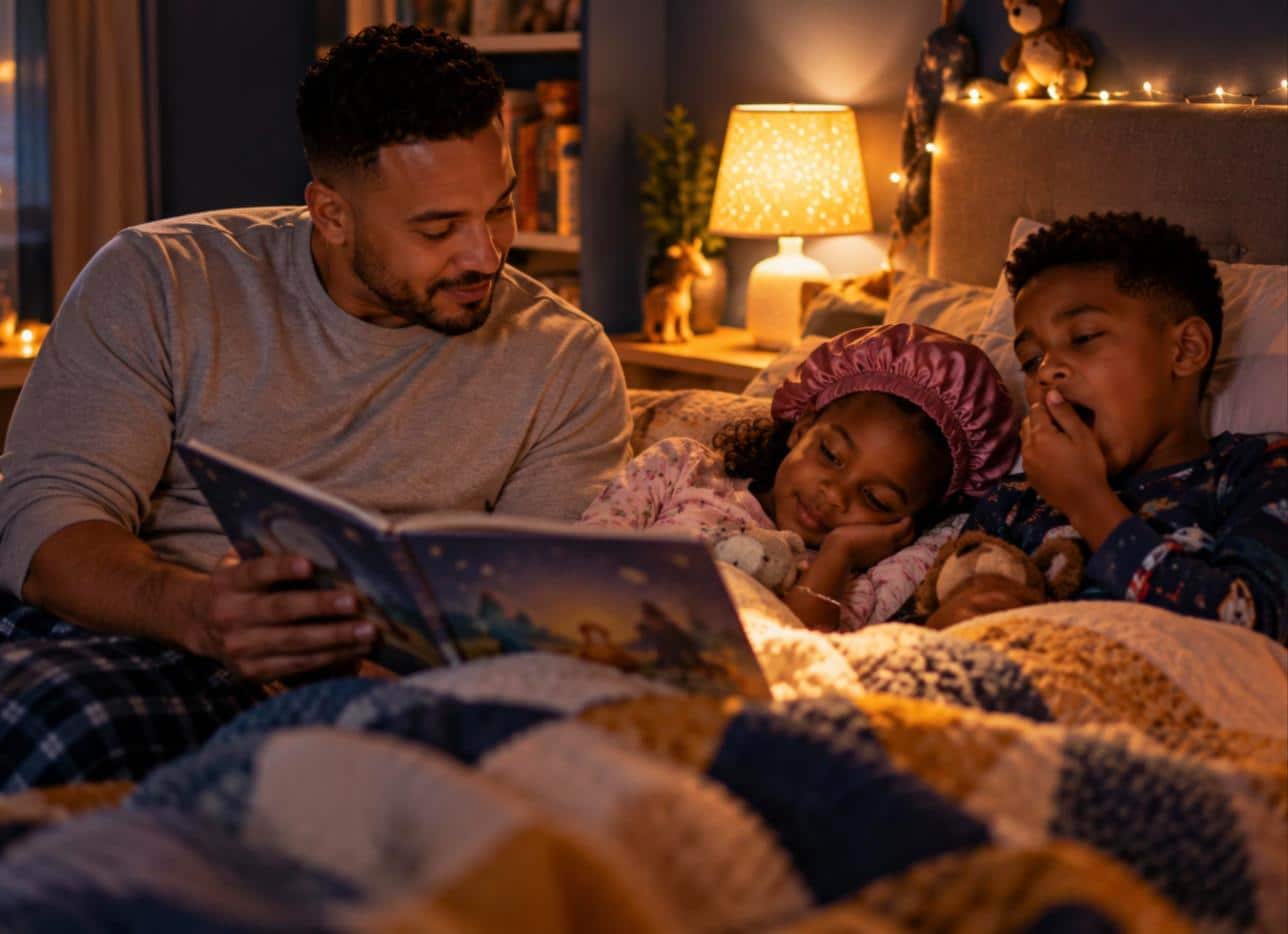 A father reads a bedtime story to his sleepy son and daughter as part of a calm sleep routine.
