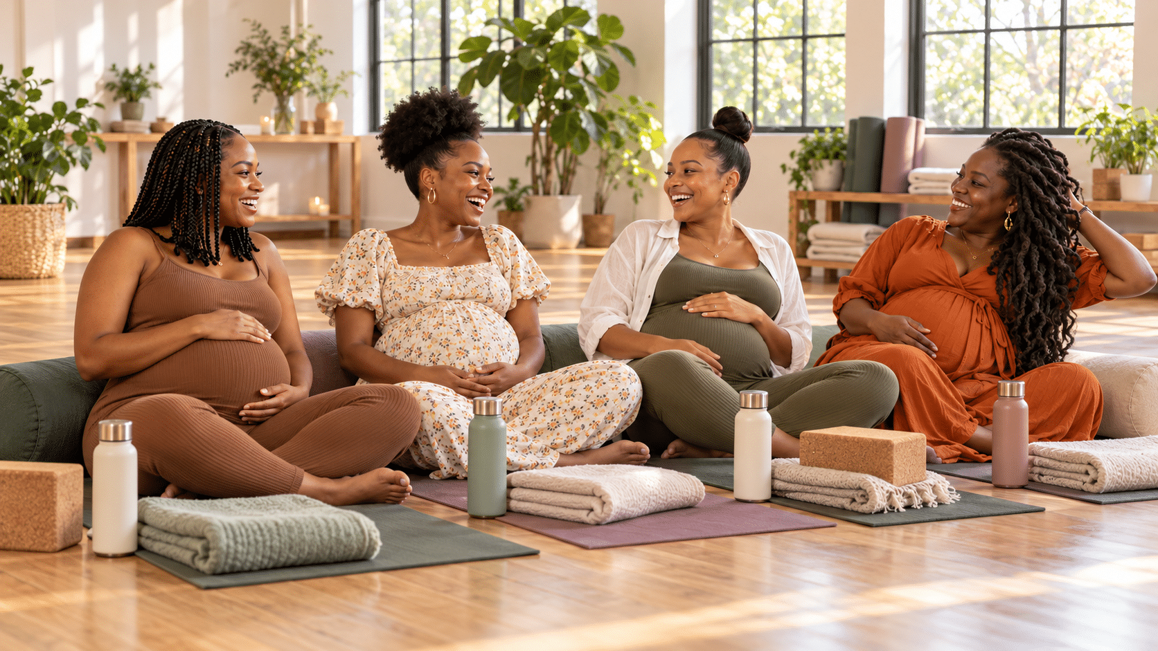 Four pregnant black moms with braids, an afro puff, a sleek bun and locs laughing together after prenatal yoga