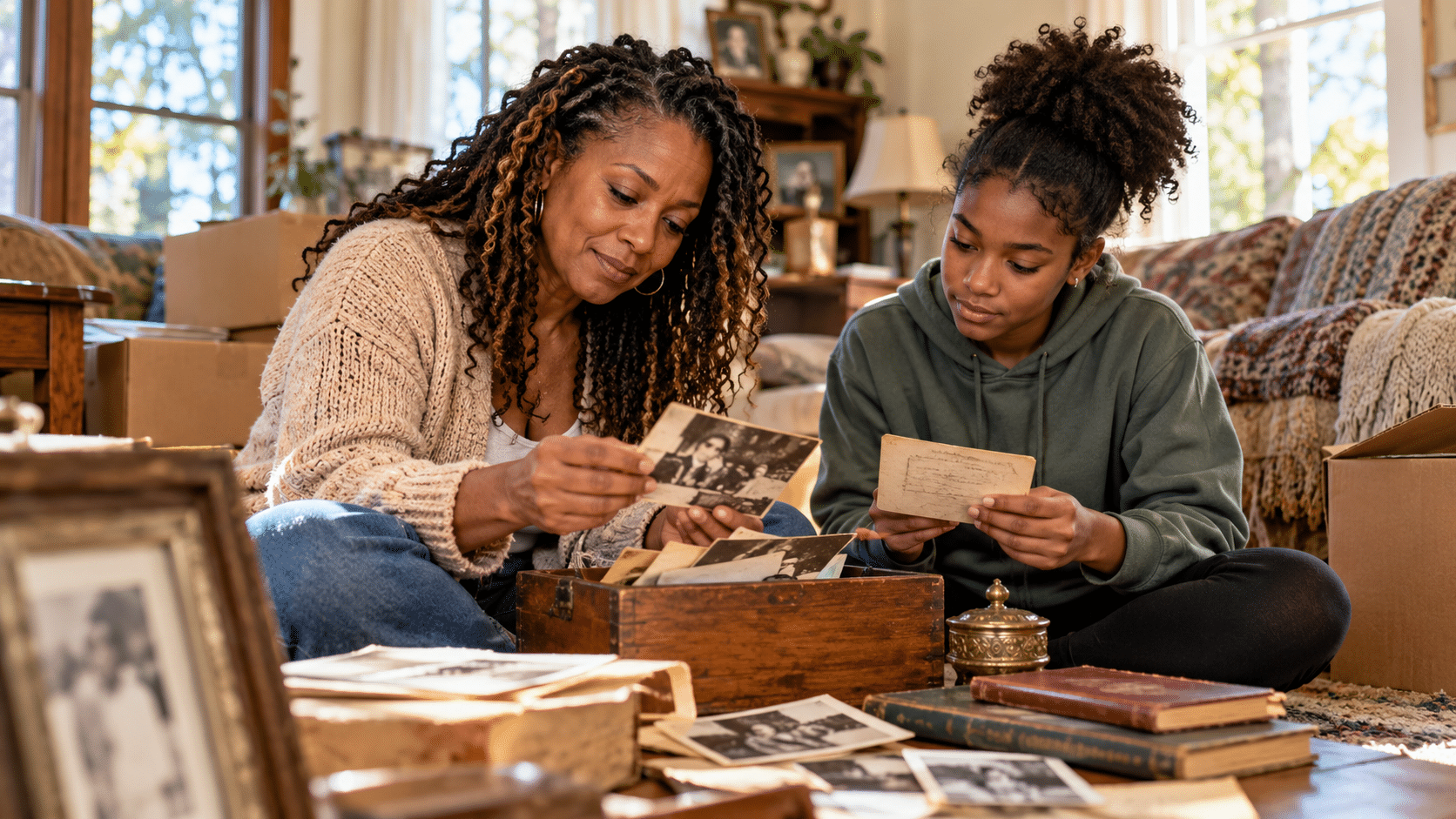 Black family sorting photographs while cleaning out a parent's house and preserving treasured memories.