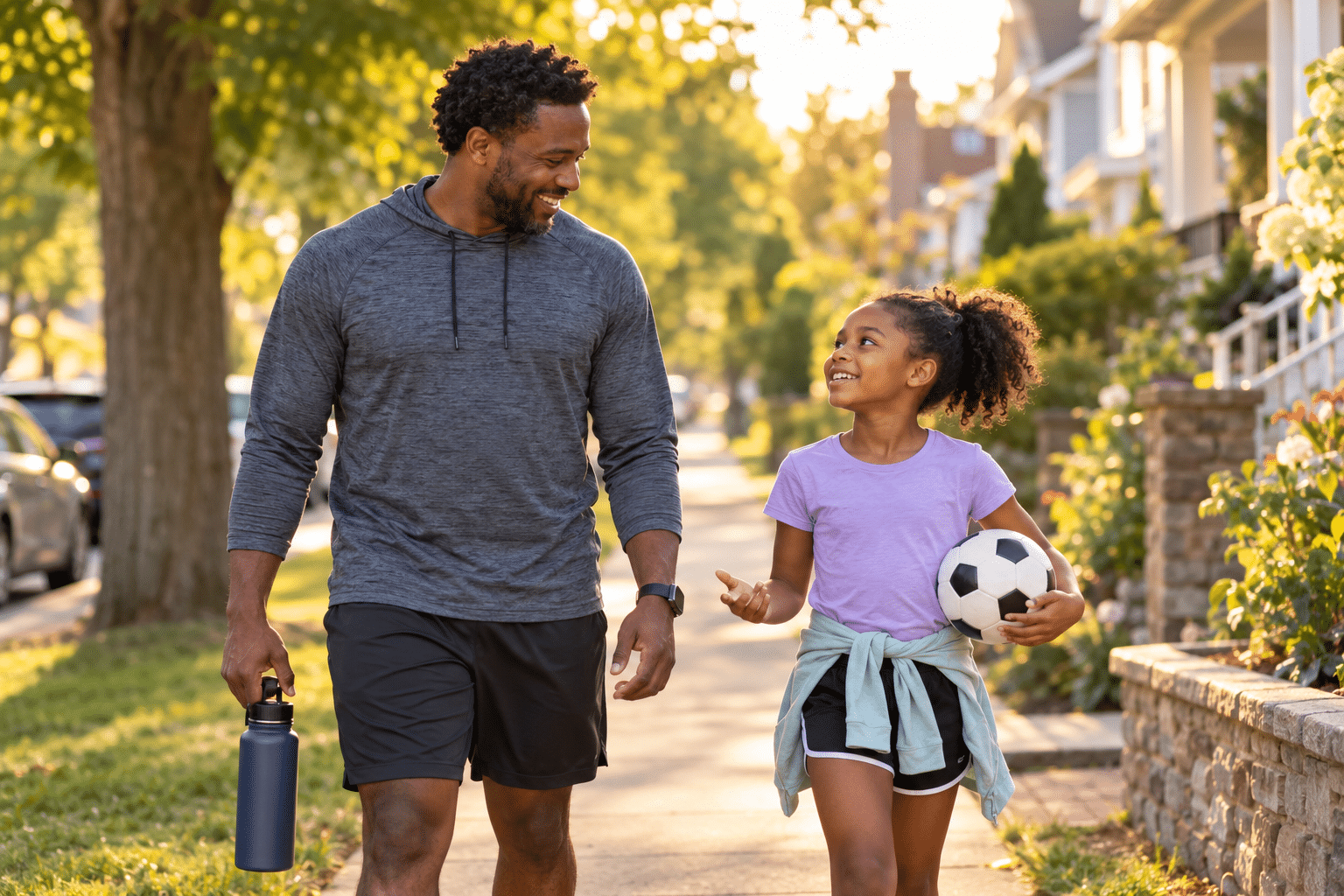 Healthy habits for dads: a black father and daughter take an after-dinner walk with a water bottle and soccer ball.