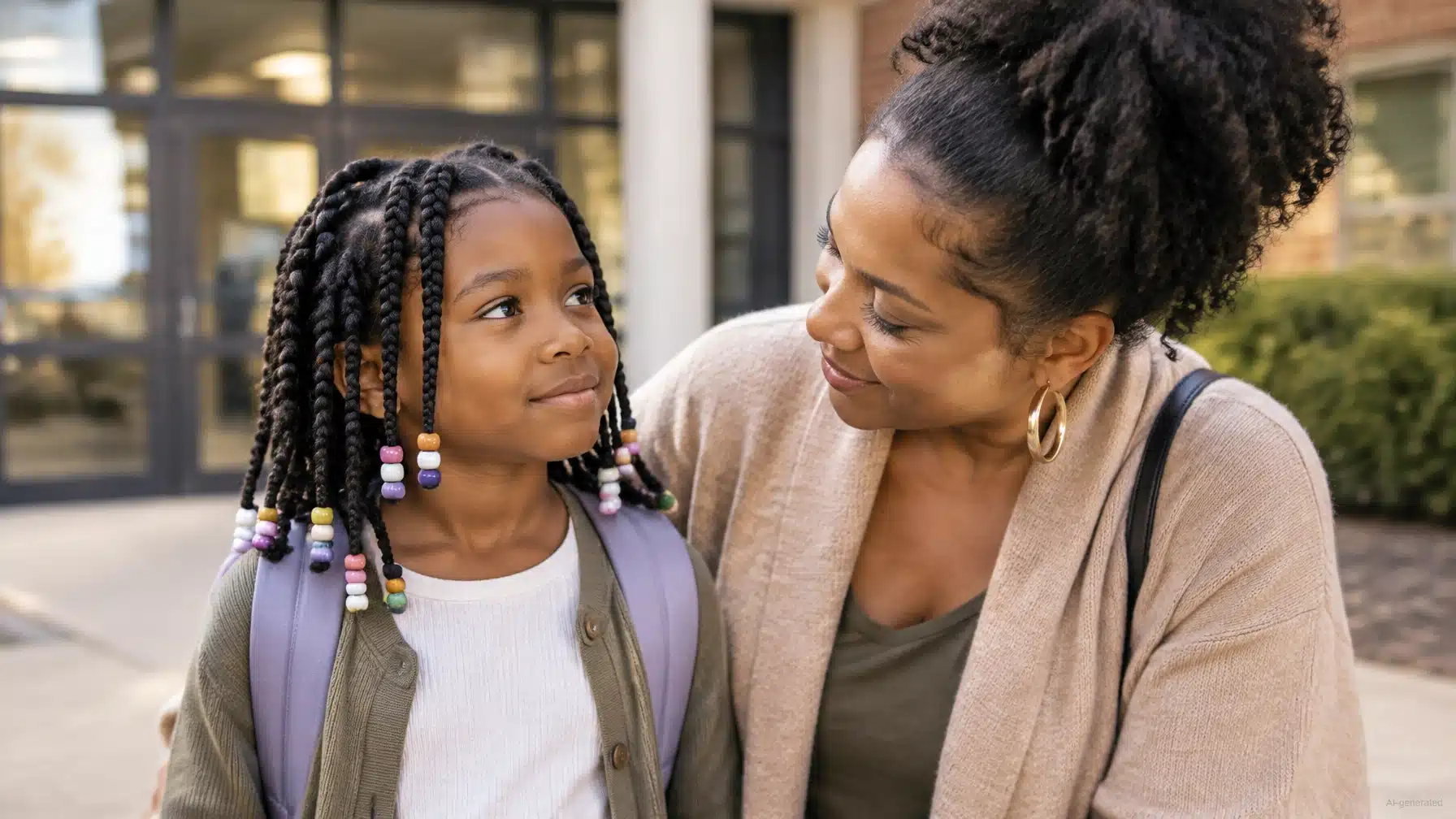 Hair discrimination at school: a mother smiles at her daughter, who wears beaded braids and a backpack, outside a school building.