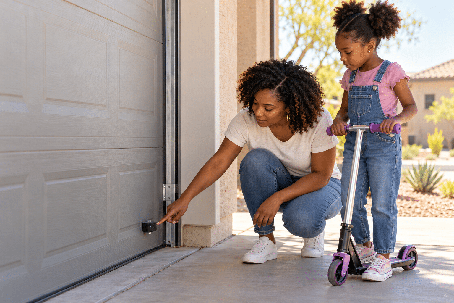 Garage door safety: a black mother shows her daughter the photo-eye safety sensor beside a closed garage door in a sunny driveway.