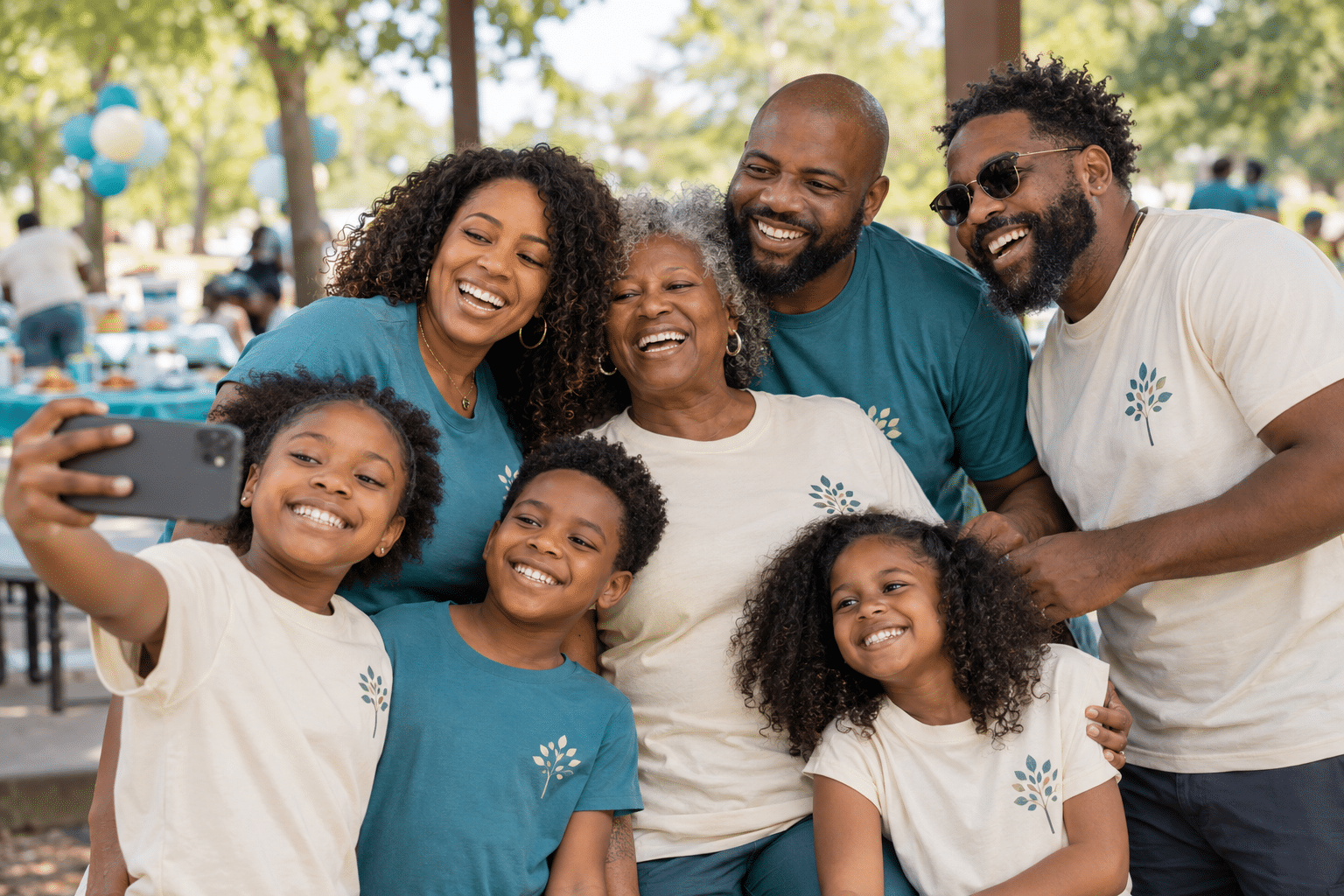 Multi-generational black family wearing matching family shirts at an outdoor reunion, showing custom family t-shirts and family reunion shirts.
