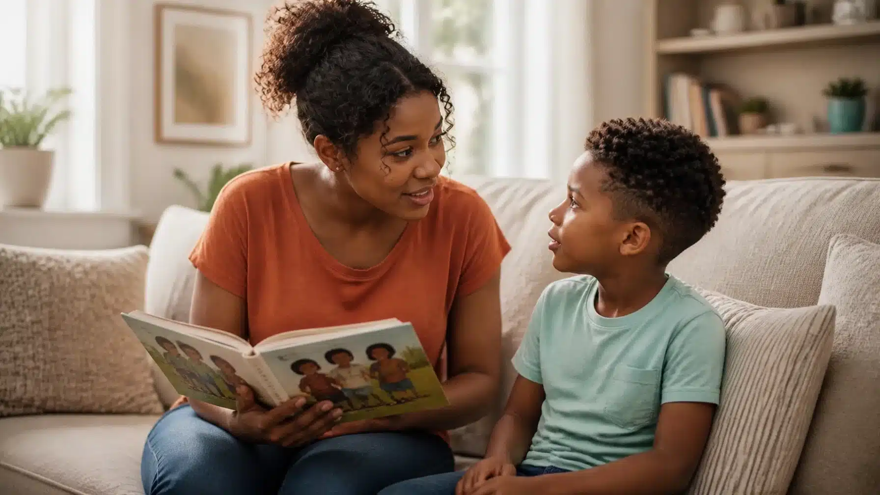 Talking to kids about race: a mother reads a picture book with her young son on the couch