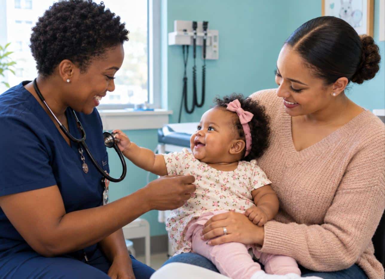 A smiling nurse greets a baby on her mother's lap during a pediatric checkup.