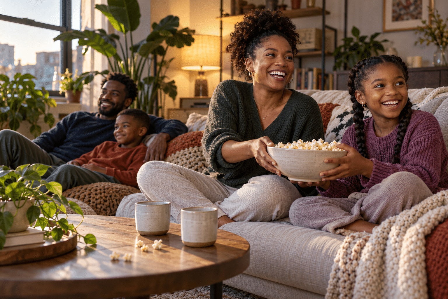 Black family sharing popcorn and laughing together during a cozy family movie night at home, building simple family traditions.