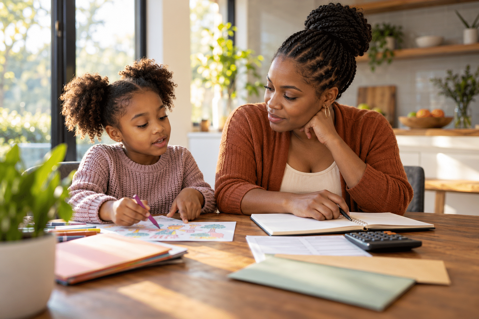 Black mother reviewing family financial planning notes while her daughter draws beside her, representing government benefits for families and the child tax credit.