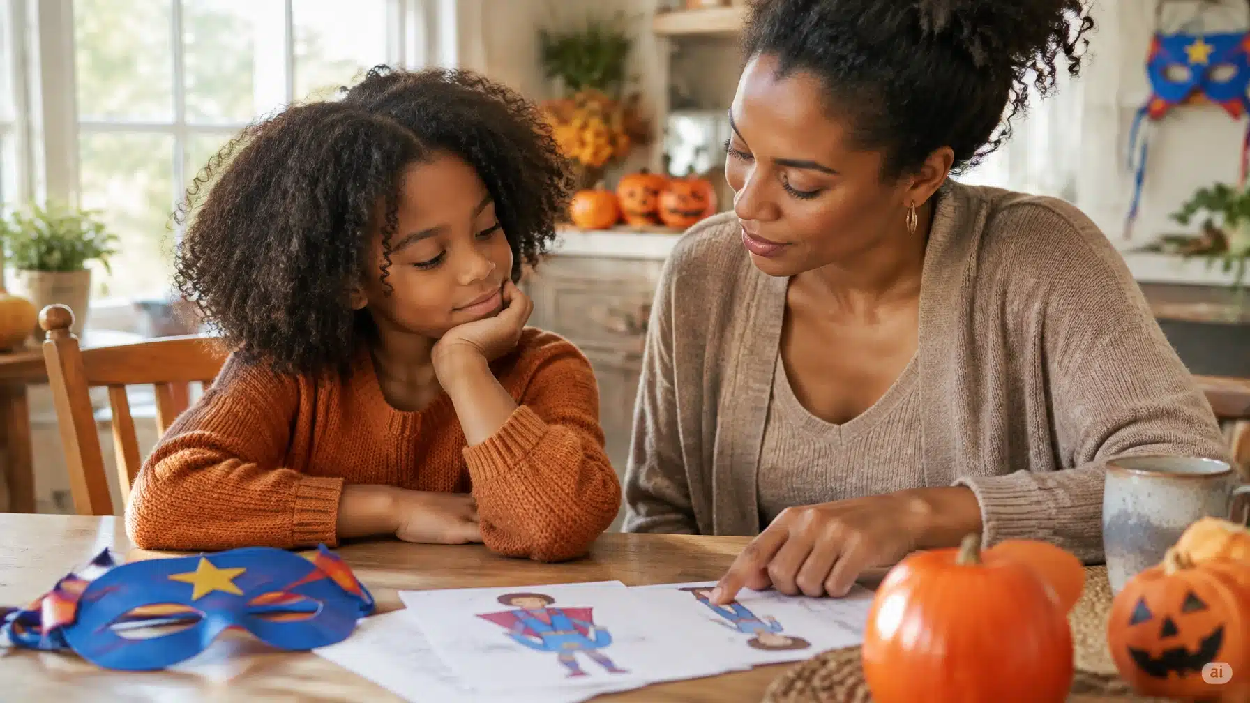 A parent talks with a child about racist halloween costumes and why they hurt.