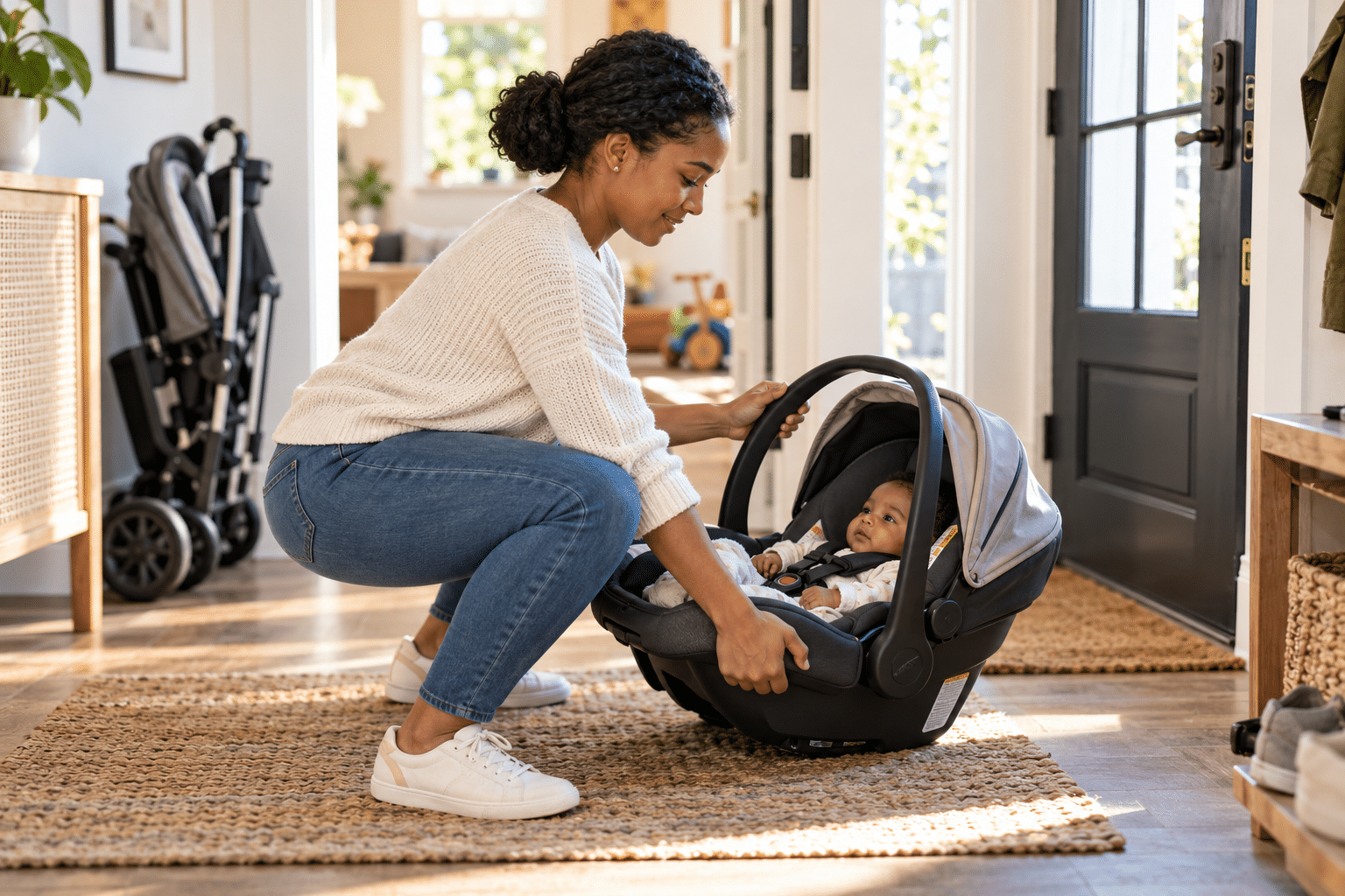 Black mother uses a safer squat lift to pick up an infant car seat, helping reduce new parent back pain with postpartum chiropractic care guidance from a scottsdale chiropractor.