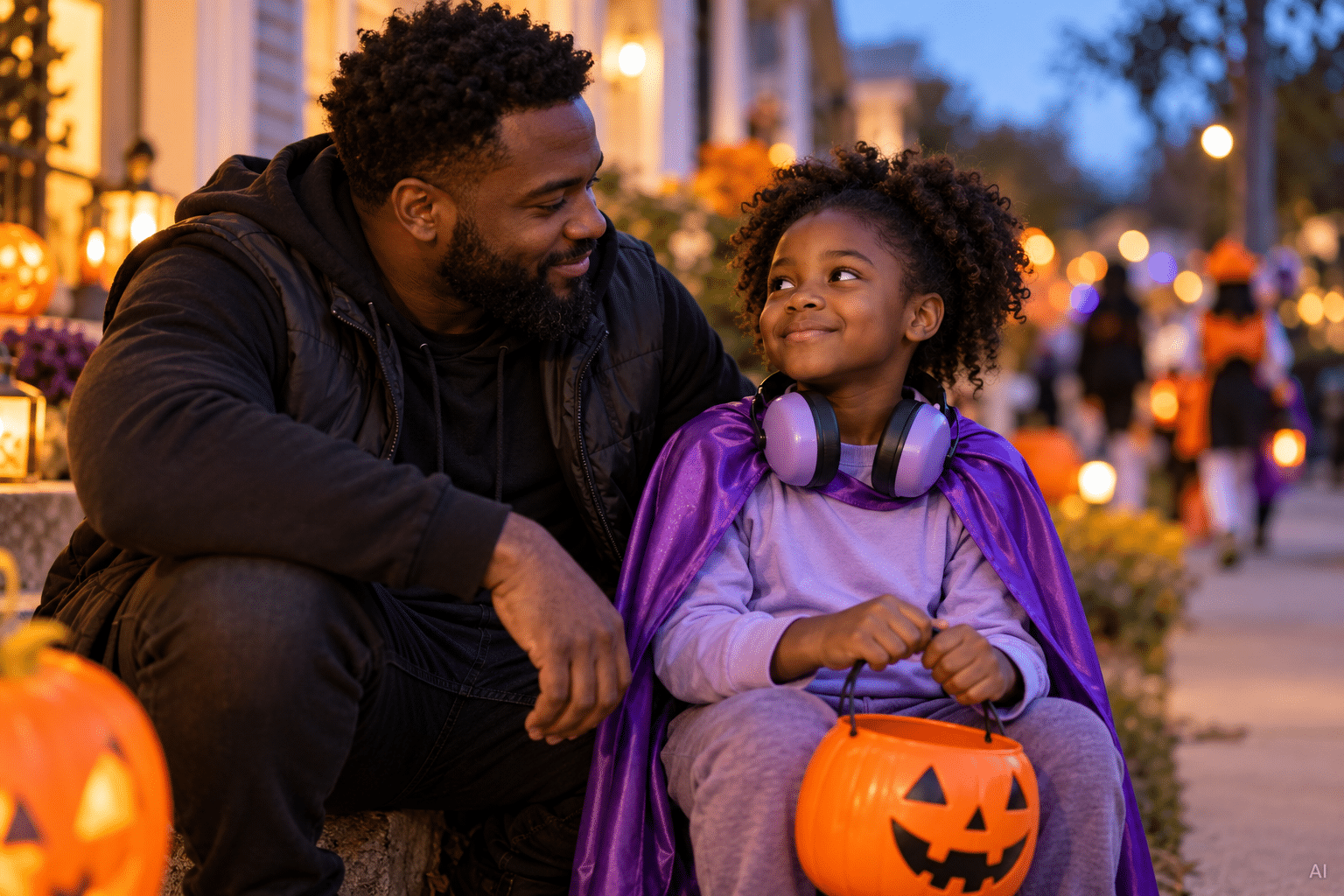 Black girl in a purple cape and ear defenders sits with her dad on a porch step, halloween safety for a neurodivergent child