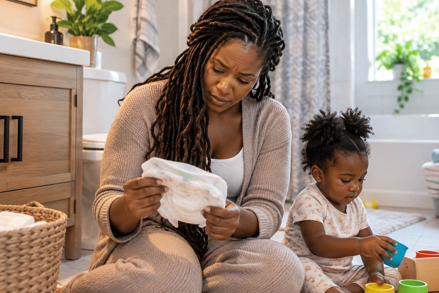 Black mother with long locs examines her toddler's diaper for mucus in a bathroom, concerned about mucus in her child's stool while her daughter plays nearby.