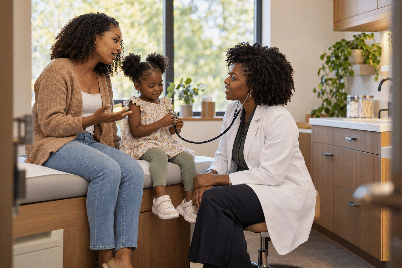 Black mother and young daughter share an unhurried visit with a trusted doctor during a direct primary care for families appointment.