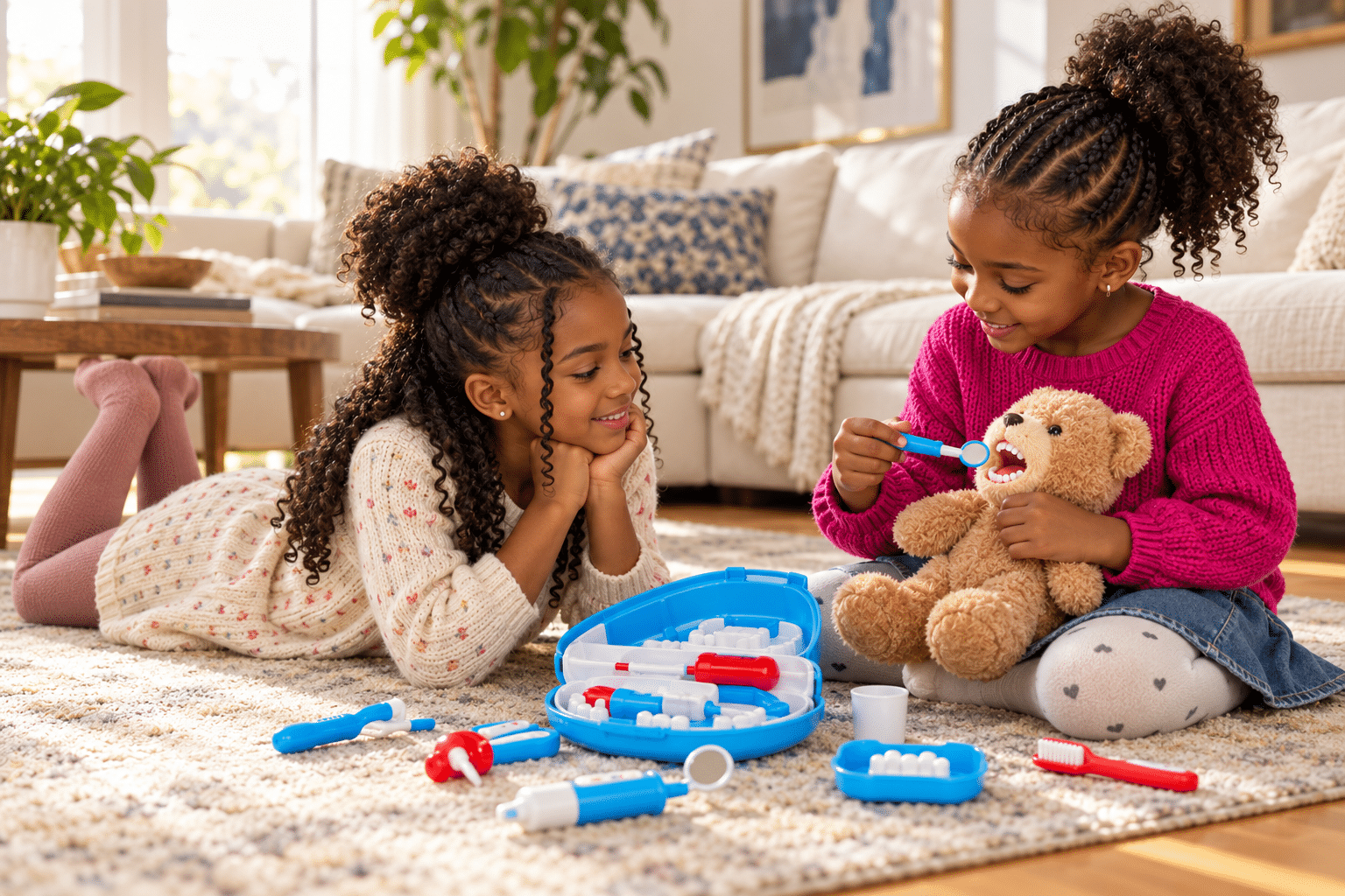 Two black girls use a toy dental kit while practicing how to talk about child dentist anxiety in a bright family living room.