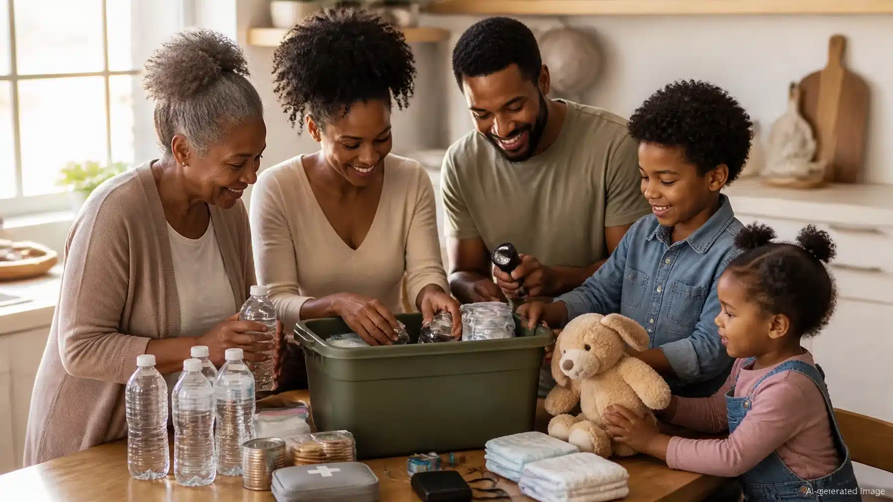 Three generations of a family pack water, diapers and a teddy bear into a family emergency kit at the kitchen table.