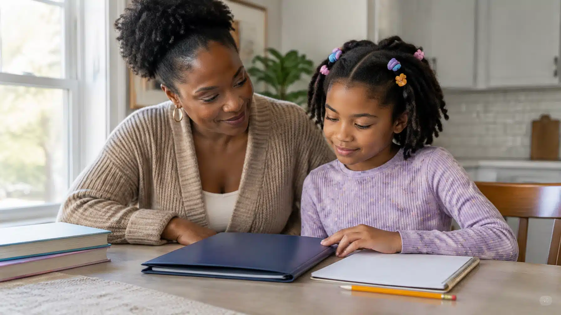 A mother and daughter look over magnet schools information together at a kitchen table.