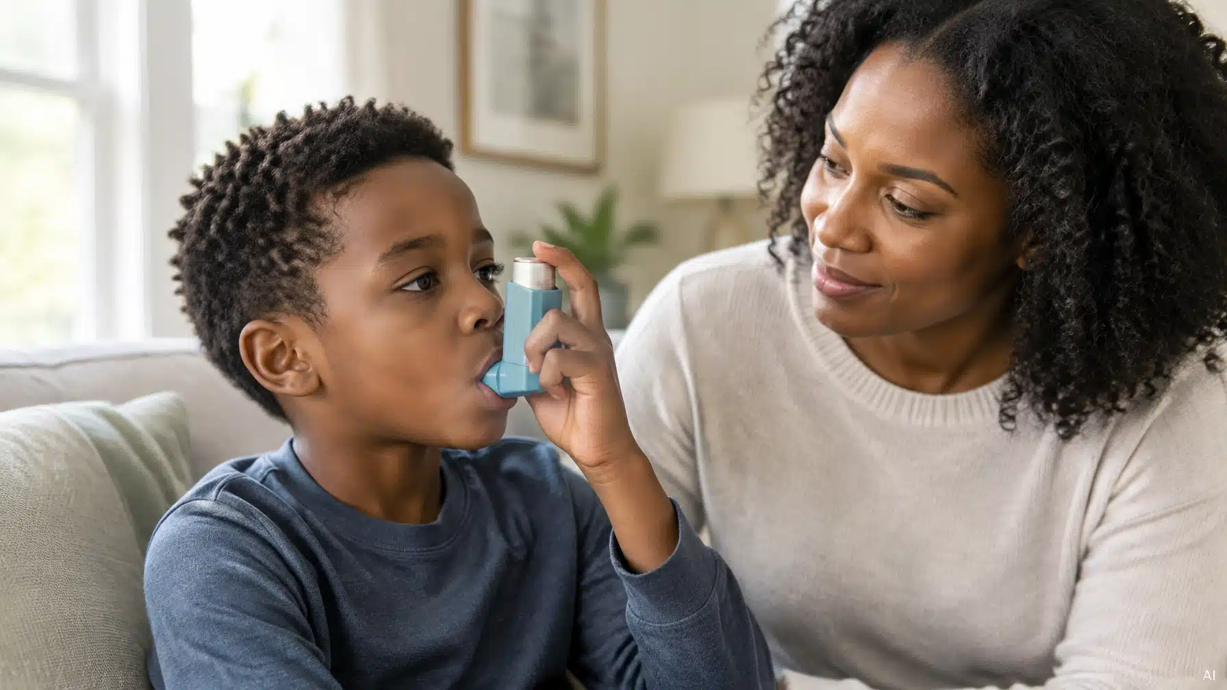 A mother watches her son use his inhaler, a common part of managing asthma in black children.