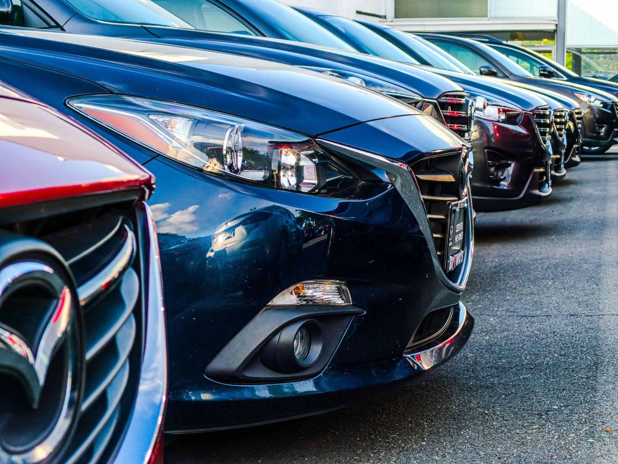 Row of rental cars parked at a car rental location, offering auckland car rental with kids options for families planning a new zealand road trip.
