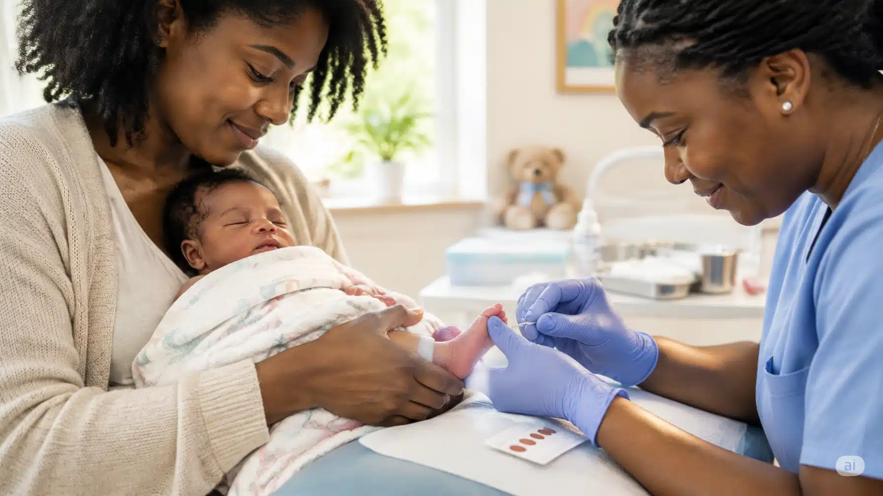 A mother holds her sleeping newborn while a nurse does a heel-prick blood test for newborn screening.