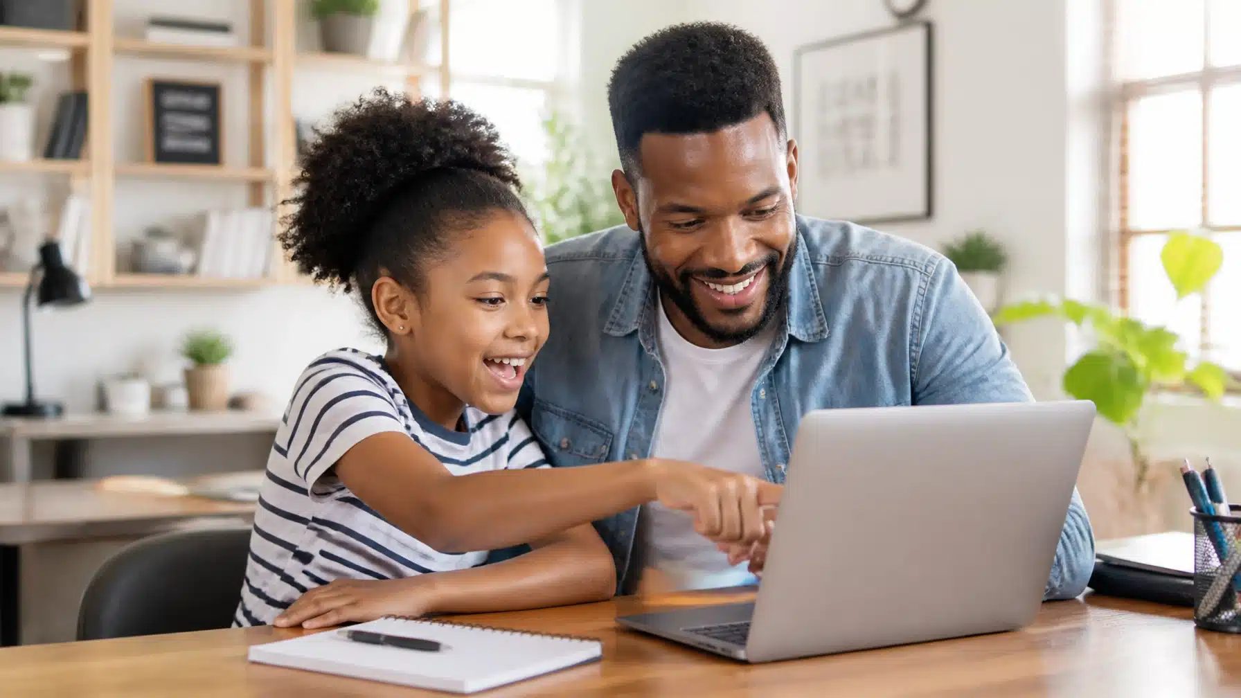 A father and daughter smile as they try free ai tutors on a laptop at the kitchen table.