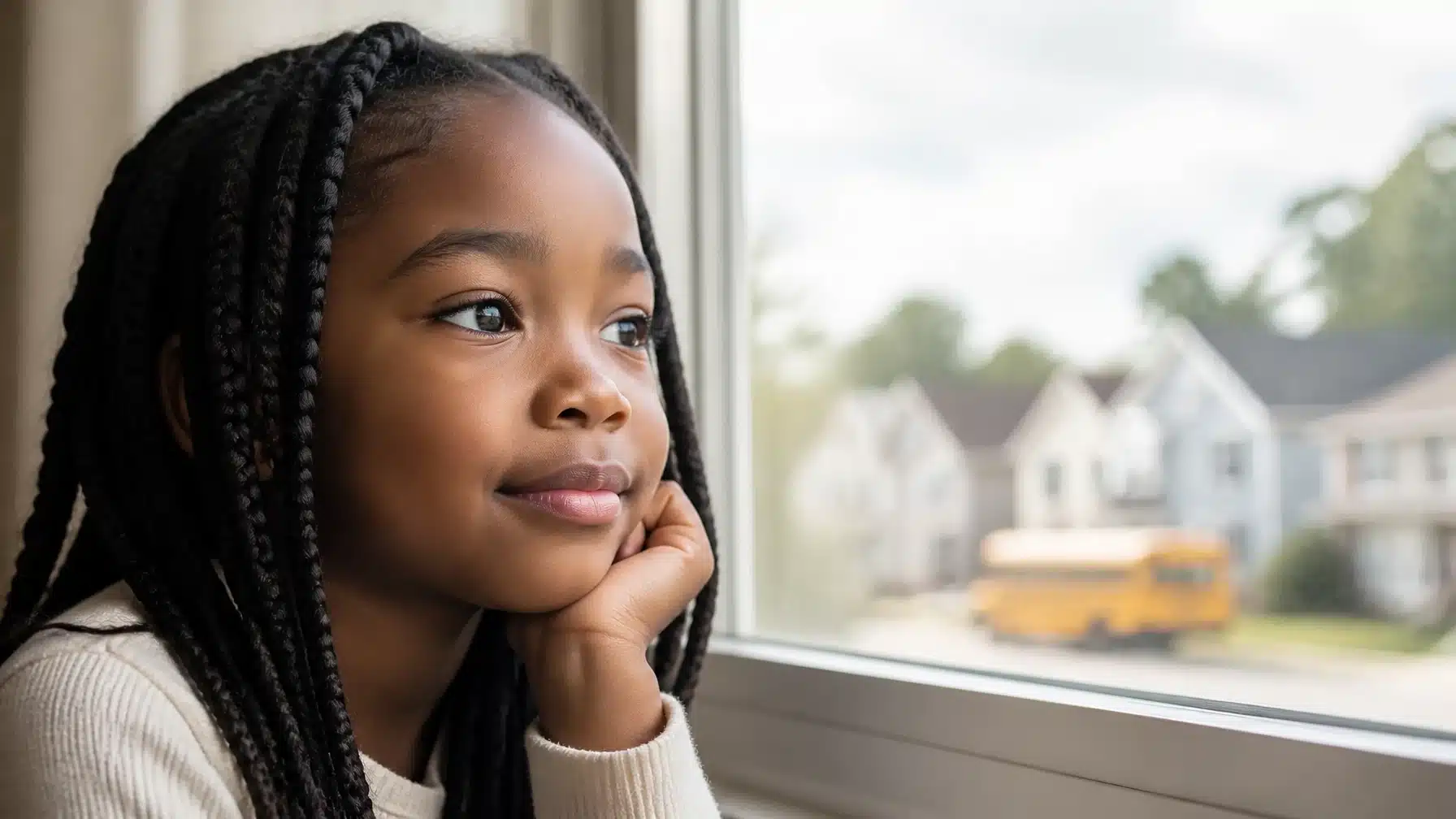 Changing schools: a young girl with long braids looks out the window at a yellow school bus on her street.